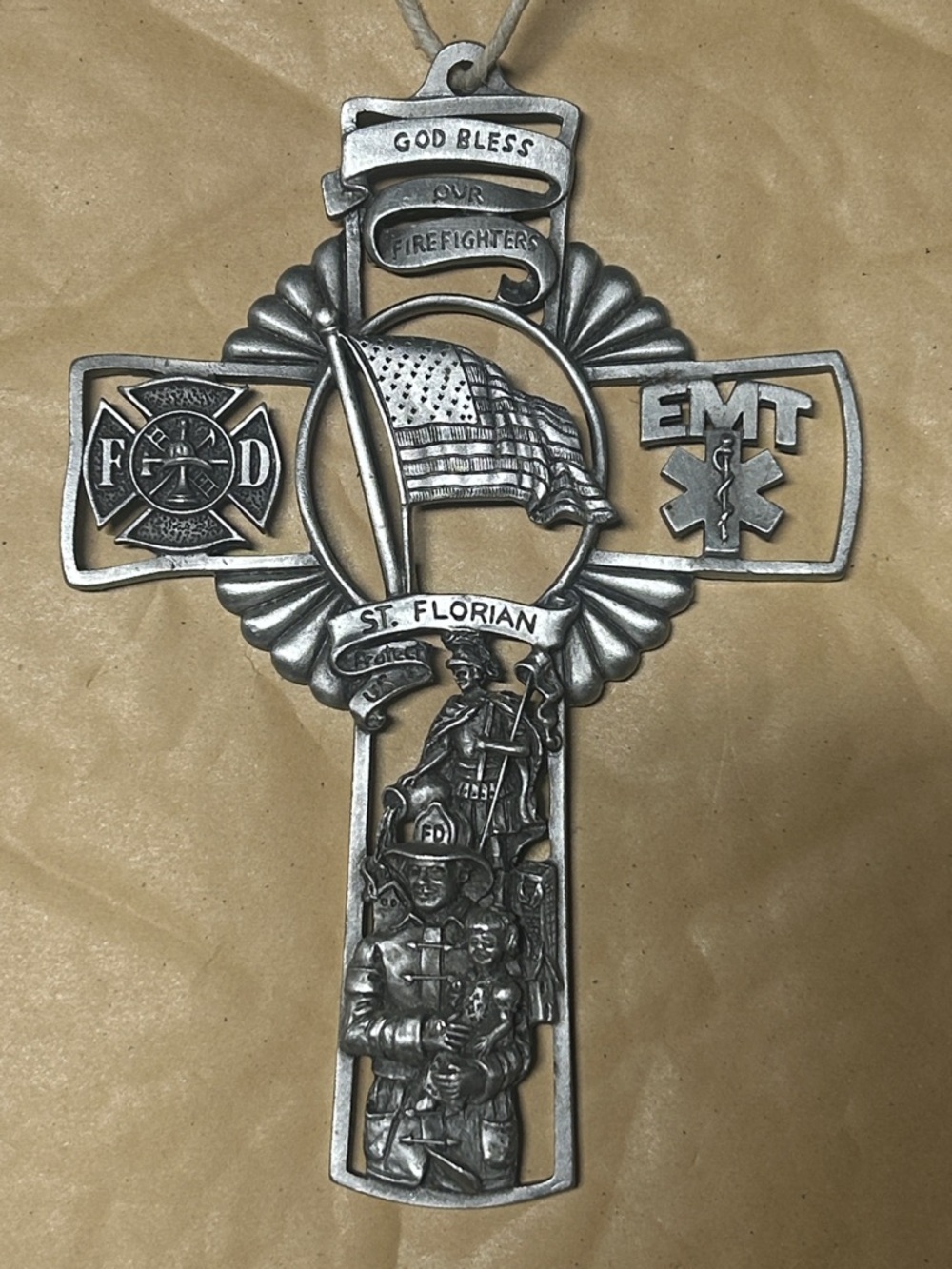 St. Florian Firefighter & EMT Cross Wall Hanging - Silver Tone